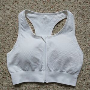 Pro-Fit Sports Bra L White Seamless Zip Front Racerback Removable Pads